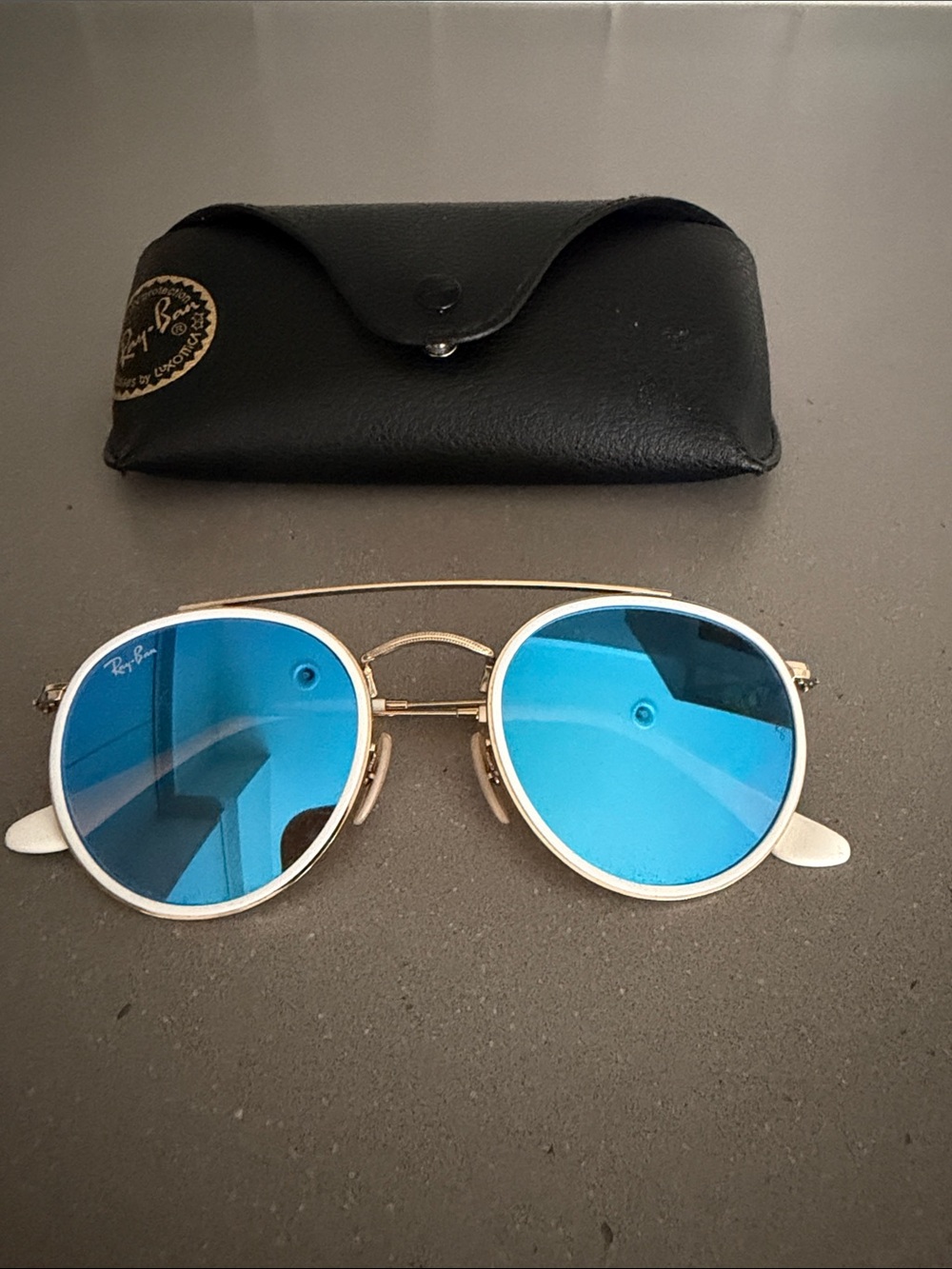 Ray-Ban Gold Frame Sunglasses with Blue Mirrored Lenses